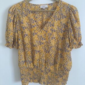 Loft Outlet yellow and blue floral short sleeve blouse